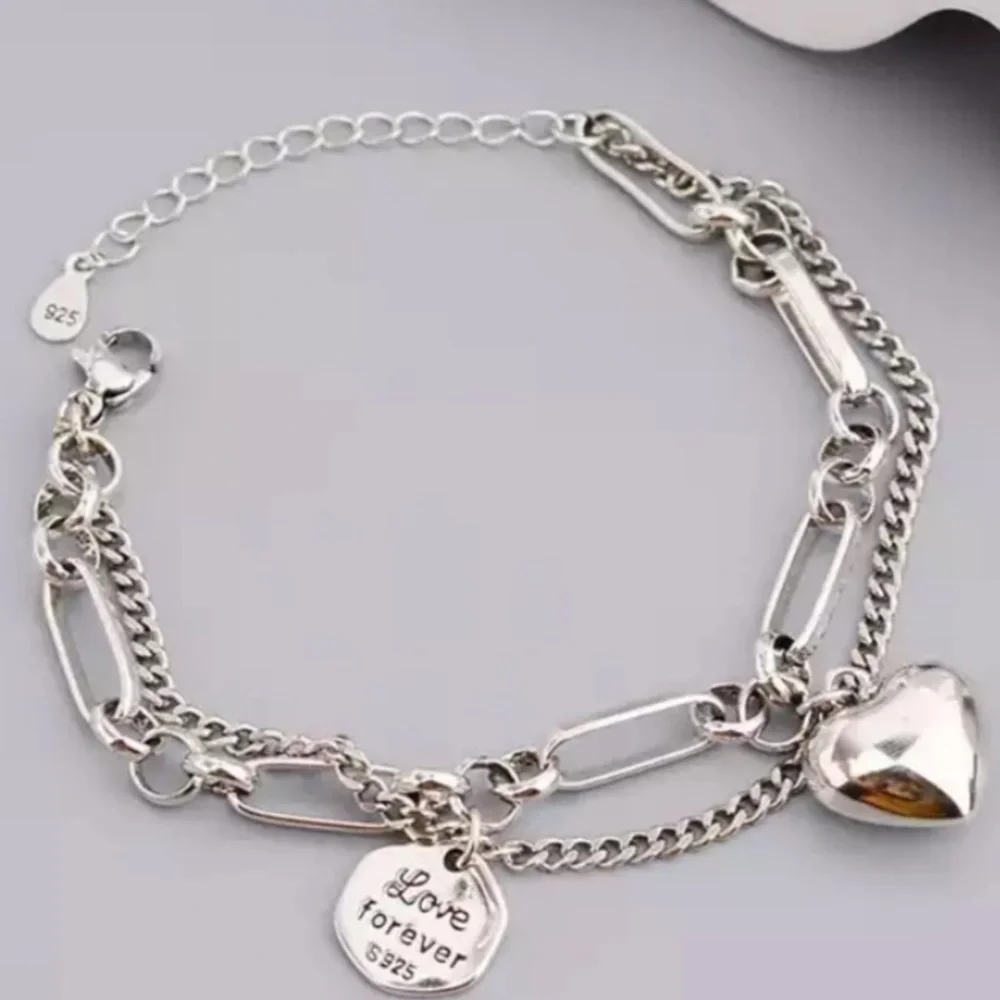 Sterling Silver Heart Love Chain Link Multilayer Bracelet